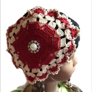 vintage pot holder added to new crotchet hat.